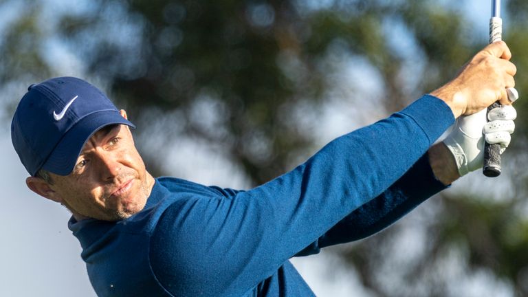 LA JOLLA, CA, CA - FEBRUARY 14: Rory McIlroy hits a drive from the 16th tee during the second round of the Genesis Invitational tournament, Friday, February 14, 2025, at Torrey Pines Golf Course in La Jolla, California. (Photo by Tony Ding/Icon Sportswire) (Icon Sportswire via AP Images)