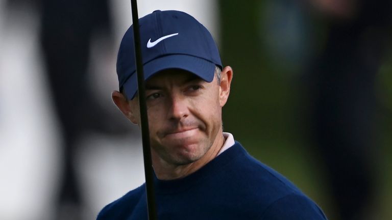 Rory McIlroy, of Northern Ireland, reacts after making a birdie putt on the 15th hole at Pebble Beach Golf Links during the final round of the AT&T Pebble Beach Pro-Am golf tournament, Sunday, Feb. 2, 2025, in Pebble Beach, Calif. (AP Photo/Nic Coury) 