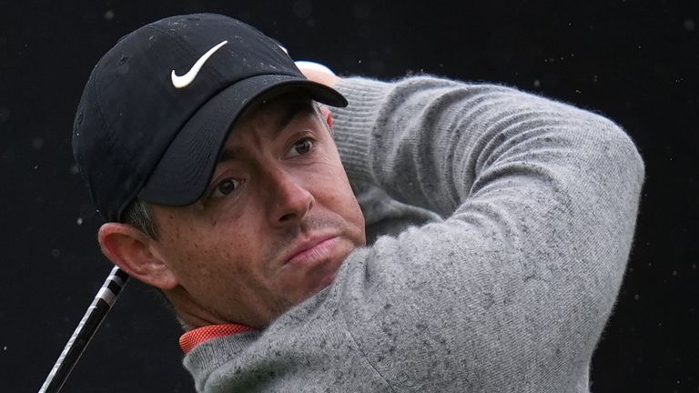 Rory McIlroy, of Northern Ireland, hits his tee shot on the seventh hole on the hole of the South Course at Torrey Pines during the first round of the Genesis Invitational golf tournament Thursday, Feb. 13, 2025, in San Diego. (AP Photo/Gregory Bull)