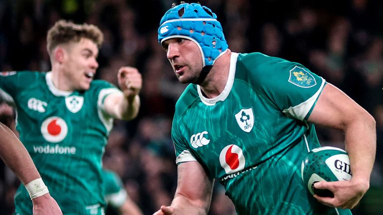 Ireland's Tadhg Beirne runs through to score a try during the Guinness Men's Six Nations win over England