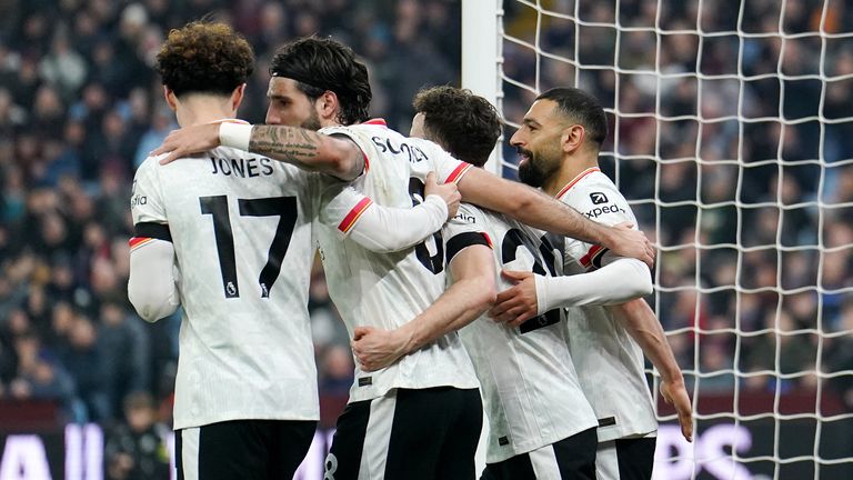 Salah celebrates his opener at Aston Villa