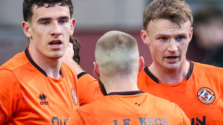 DUNDEE, SCOTLAND - FEBRUARY 22: Dundee United's Sam Dalby (R) celebrates with Allan Campbell (C) and Ross Graham (L) after scoring to make it 1-0 during a William Hill Premiership match between Dundee United and Motherwell at the Calforth Construction Arena at Tannadice, on February 22, 2025, in Dundee, Scotland. (Photo by Roddy Scott / SNS Group)