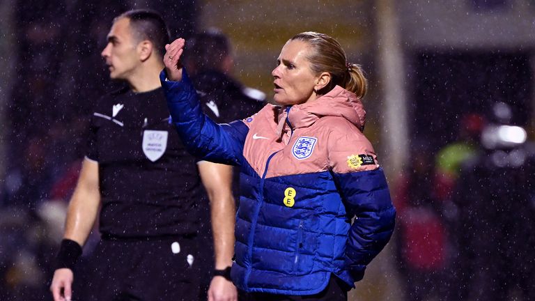 Sarina Wiegman during the 1-1 draw between England and Portugal