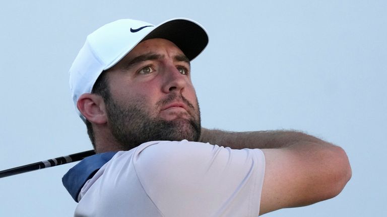 Scottie Scheffler hits his tee shot at the 16th hole during the first round of the Waste Management Phoenix Open PGA Tour golf tournament at the TPC Scottsdale Thursday, Feb. 6, 2025, in Scottsdale, Ariz. (AP Photo/Ross D. Franklin) 