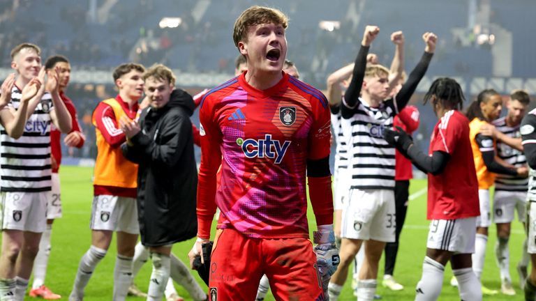 Queen's Park keeper Calum Ferrie leads the celebrations after his side's shock win over Rangers