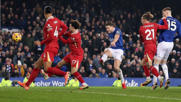 James Tarkowski membanting Evertpage Time Equalizer Everton Against Liverpool