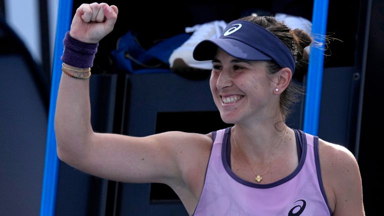 Belinda Bencic of Switzerland celebrates after defeating Jelena Ostapenko of Latvia in their first round match at the Australian Open tennis championship in Melbourne, Australia, Monday, Jan. 13, 2025. (AP Photo/Vincent Thian)