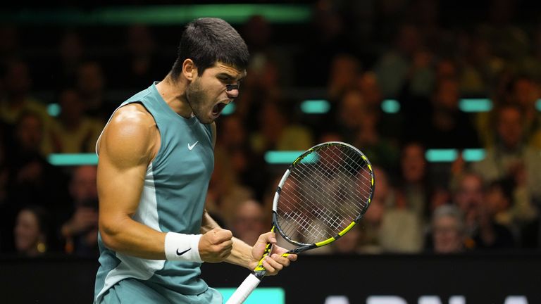 Spain's Carlos Alcaraz reacts after winning the semi-final match against Poland's Hubert Hurkacz at the ABN AMRO Tennis Tournament in Rotterdam, Netherlands, Saturday, Feb. 8, 2025. (AP Photo/Peter Dejong)