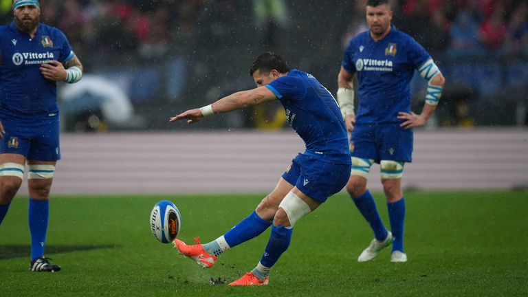 Italian Tommaso Allan kicks off a sentence during the federal six nation's rugby match between Italy and Wales at the Olympic Stadium in Roma, Italy, Saturday, February 8, 2025 (AP Photo/Alessandra Tarantino)