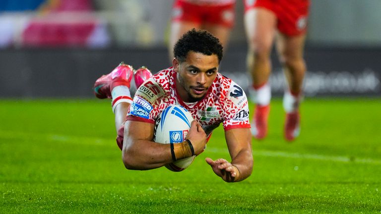 Umyla Hanley of Leigh dives over to score one of his three tries against Catalans Dragons (Photo: Olly Hassell/SWpix.com)