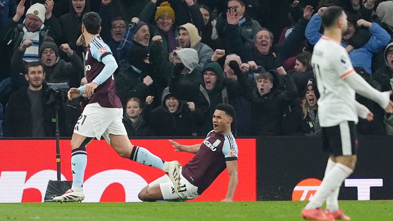 Watkins celebrates his goal against Liverpool