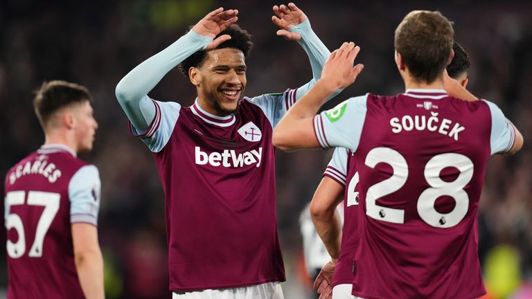 Tomas Soucek celebrates opening the scoring for West Ham against Leicester