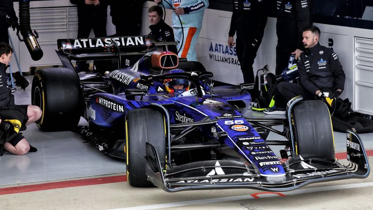 Carlos Sainz drives the FW47 at Williams' 2025 car launch