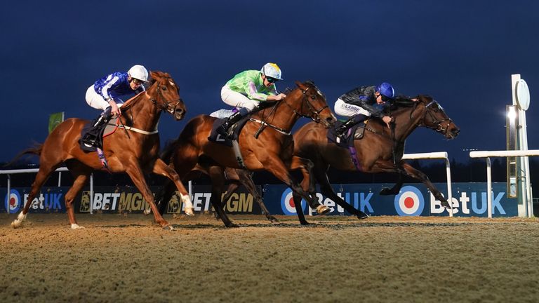 Megaphone (right) ridden by jockey Billy Loughnane on their way to winning the BetMGM: It's Showtime Novice Stakes at Wolverhampton 