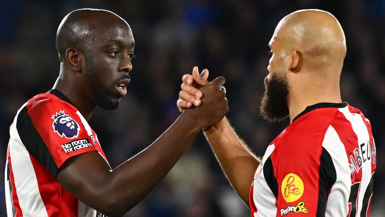 Yoane Wissa and Bryan Mbeumo of Brentford after the first goal at Leicester