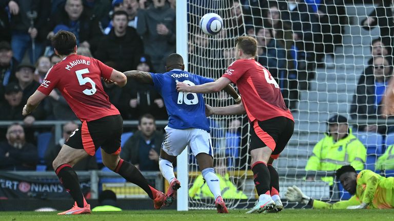 Matthijs de Ligt makes contact with Ashley Young in the incident which led to Everton's overturned penalty