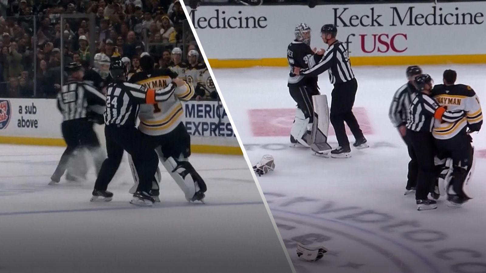 Officials intervene to stop a rare goalie fight in the NHL!