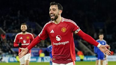 Manchester United's Bruno Fernandes celebrates scoring against Leicester