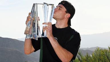 Jack Draper kisses the Indian Wells trophy after winning his maiden Masters 1000 event (Associated Press)