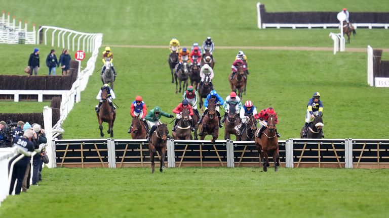 Jasmin De Vaux (green) sees off The Big Westerner up the Cheltenham hill