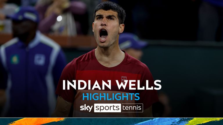 March 10, 2025 Carlos Alcaraz (ESP) celebrates after defeating Denis Shapovalov (CAN) during the 2025 BNP Paribas Open at Indian Wells Tennis Garden in Indian Wells, California. Mandatory Photo Credit: Charles Baus/CSM (Credit Image: © Charles Baus/Cal Sport Media) (Cal Sport Media via AP Images)


