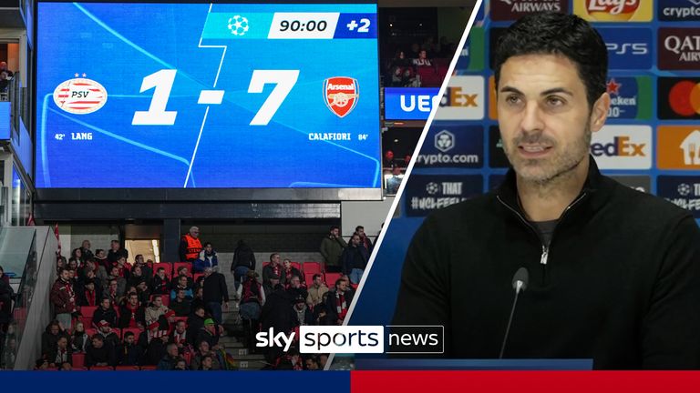 Arsenal manager Mikel Arteta gives his reaction to his side's history making away win against PSV as the Gunners went on to win 7-1 in the first leg of the last 16 of the Champions League. 