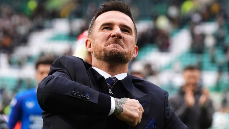 Rangers head coach Barry Ferguson celebrates the 3-2 win against Celtic