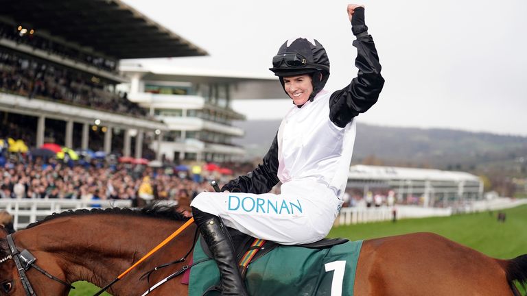 Rachael Blackmore celebrates aboard Stayers' Hurdle winner Bob Olinger