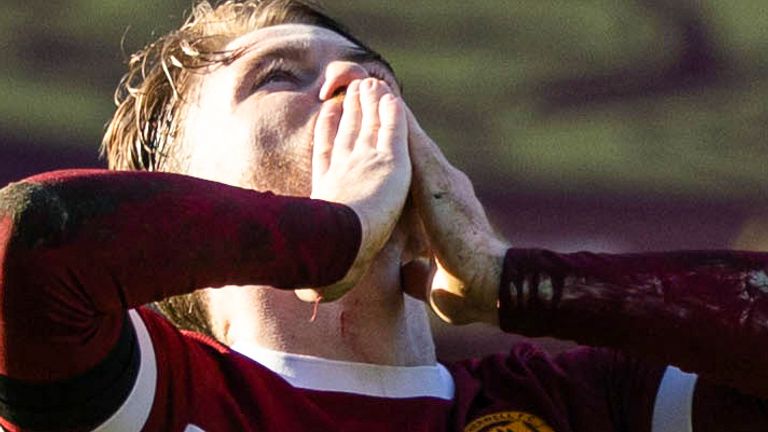 MOTHERWELL, SCOTLAND - MARCH 15: Motherwell's Callum Slattery celebrates as he scores to make it 2-2 during a William Hill Premiership match between Motherwell and St Mirren at Fir Park, on March 15, 2025, in Motherwell, Scotland. (Photo by Craig Foy / SNS Group)