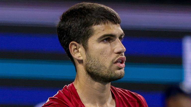 MIAMI GARDENS, FL - MARCH 21: Carlos Alcaraz (ESP) in action during an ATP Miami Open match against David Goffin (BEL) on March 21, 2025, at Hard Rock Stadium in Miami Gardens, Florida,(Photo by Chris Arjoon/Icon Sportswire) (Icon Sportswire via AP Images)