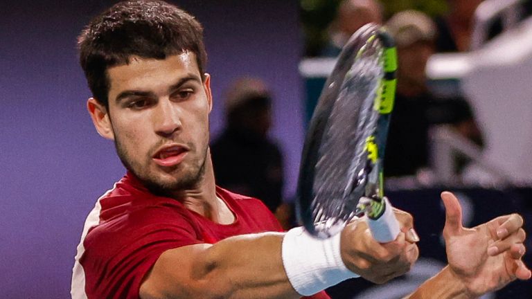 MIAMI GARDENS, FL - MARCH 21: Carlos Alcaraz (ESP) in action during an ATP Miami Open match against David Goffin (BEL) on March 21, 2025, at Hard Rock Stadium in Miami Gardens, Florida,(Photo by Chris Arjoon/Icon Sportswire) (Icon Sportswire via AP Images) 