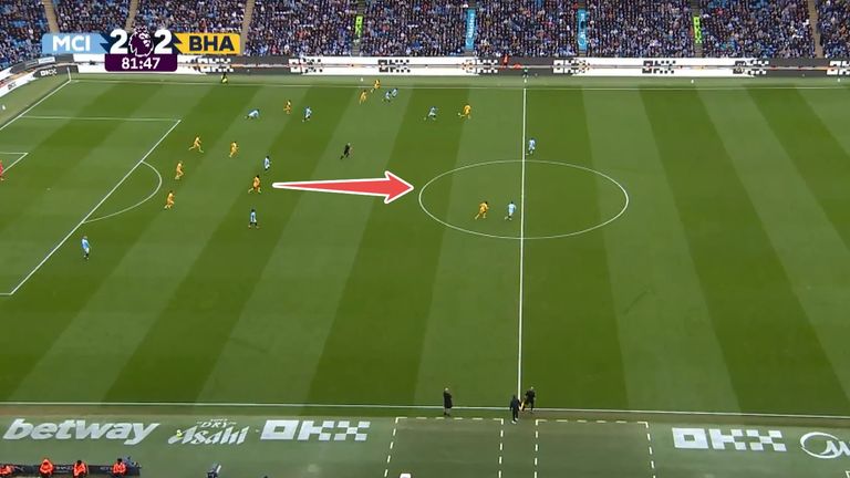 Carlos Baleba has Man City players either side of him as Brighton's counter-attack begins