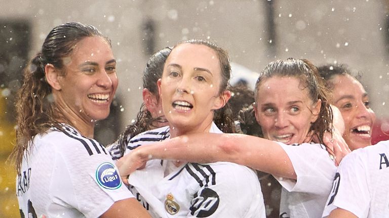 BARCELONA, SPAIN - MARCH 23: Caroline Weir of Real Madrid celebrates after scoring their side's third goal with her teammates during the Liga F match between FC Barcelona and Real Madrid at Estadi Olimpic Lluis Companys on March 23, 2025 in Barcelona, Spain. (Photo by Manuel Queimadelos/Quality Sport Images/Getty Images)
