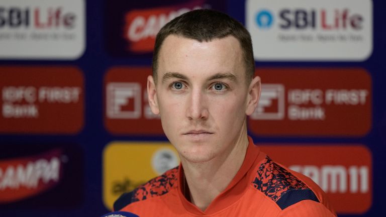 England's Harry Brook attends a press conference prior to their practice session ahead of their second Twenty20 cricket match against India, in Chennai, India, Friday, Jan.24, 2025. (AP Photo/Mahesh Kumar A.)