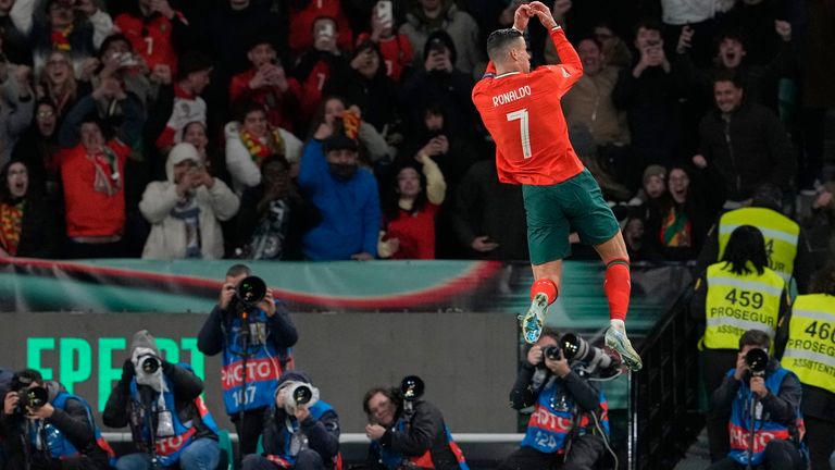 Portugal's Cristiano Ronaldo celebrates after scoring his side's second goal during the UEFA Nations League soccer match between Portugal and Denmark, at the Jose Alvalade Stadium in Lisbon, Sunday, March 23, 2025. (AP Photo/Armando Franca)