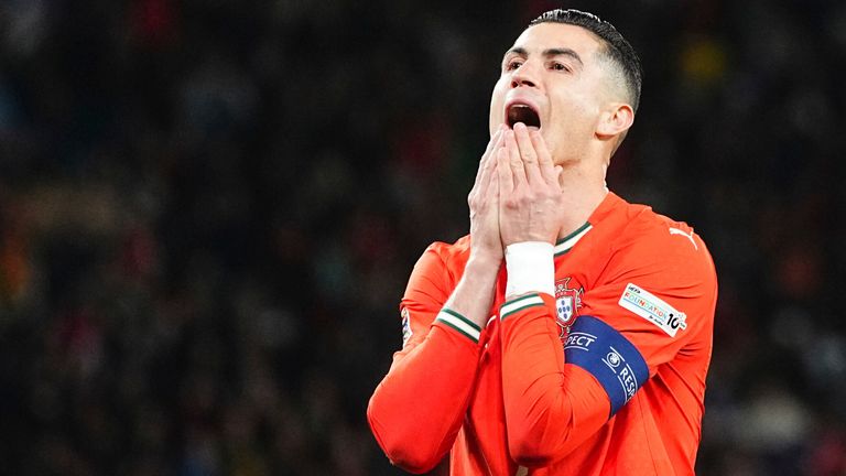 March 23 2025: Cristiano Ronaldo of Portugal gestures during a UEFA Nations League game, Portugal vs Denmark, at Jos.... Alvalade Stadium, Lissabon, Portugal. Ulrik Pedersen/CSM (Credit Image: .. Ulrik Pedersen/Cal Sport Media) (Cal Sport Media via AP Images)