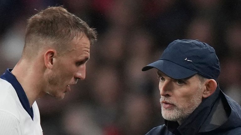 England coach Thomas Tuchel talks with Dan Burn during a World Cup qualifying football match between England and Albania at Wembley Stadium in London, Friday, March 21. (AP Photo/Alastair Grant)