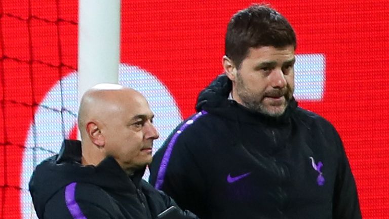 DORTMUND, GERMANY - MARCH 04: Mauricio Pochettino the head coach / manager of Tottenham Hotspur talks to Daniel Levy the chairman and owner of Tottenham Hotspur during the Tottenham Hotspur Press Conference and Training Session ahead of their UEFA Champions League Round of 16 Second Leg match against Borussia Dortmund on March 4, 2019 in Dortmund, Germany. (Photo by Robbie Jay Barratt - AMA/Getty Images)