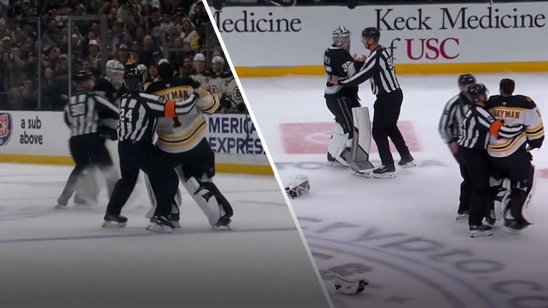 Los Angeles Kings goalkeeper Darcy Kuemper approached the centre of the ice rink offered out opposite goalie Jeremy Swayman of the Boston Bruins to only be stopped by the officials. Images:NHL