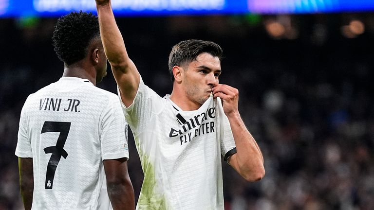 Brahim Diaz of Real Madrid celebrates a goal during the UEFA Champions League 2024/25 League Round of 16 First Leg match between Real Madrid CF and Atletico de Madrid, at Santiago Bernabeu stadium on March 04, 2025, in Madrid, Spain. AFP7 04/03/2025 (Europa Press via AP)