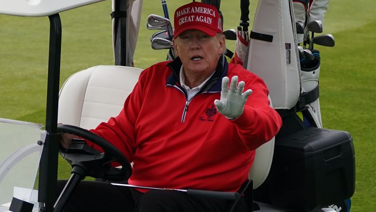 US president Donald Trump playing golf at his Trump Turnberry course in South Ayrshire during his visit to the UK. Picture date: Wednesday May 3, 2023.