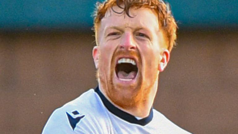 DINGWALL, SCOTLAND - FEBRUARY 22: Dundee's Simon Murray celebrates scoring to make it 1-0 during a William Hill Premiership match between Ross County and Dundee at the Global Energy Stadium, on February 22, 2025, in Dingwall, Scotland. (Photo by Euan Cherry / SNS Group)