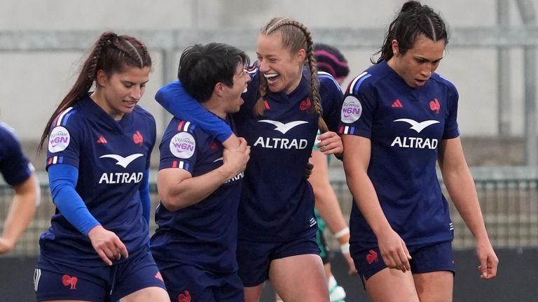 France's Emilie Boulard (second right) celebrates wtih team-mates after scoring their side's third try during the Guinness Women's Six Nations match at the Kingspan Stadium, Belfast. Picture date: Saturday March 22, 2025.