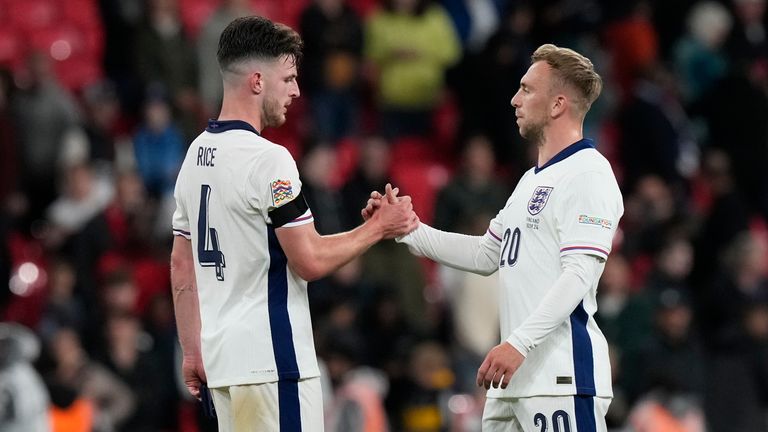 England's Declan Rice, left, and England's Jarrod Bowen congratulate each other after the Group F UEFA Nations League soccer match between England and Finland at Wembley Stadium in London, Tuesday, Sept. 10, 2024. (AP Photo/Frank Augstein)