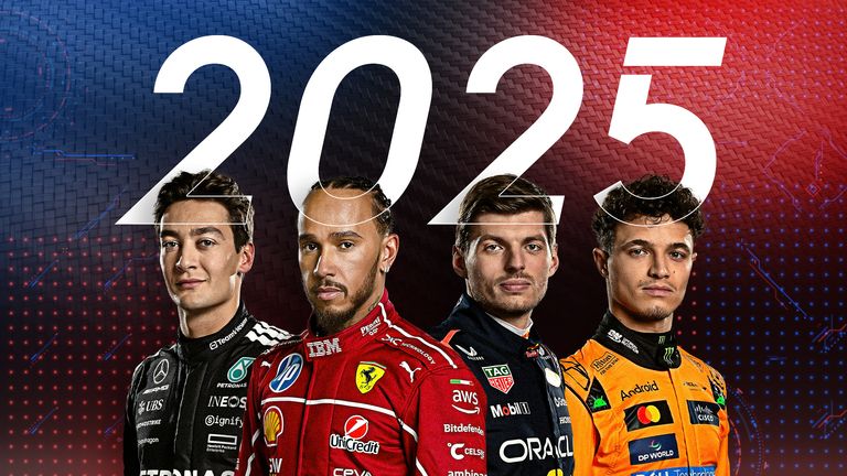 George Russell, Lewis Hamilton, Max Verstappen, Lando Norris