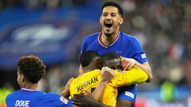 France players celebrate after winning the penalty shootout during the UEFA Nations League quarterfinal second leg soccer match between France and Croatia, at the Stade de France in Saint-Denis, outside Paris, Sunday, March 23, 2025. (AP Photo/Thibault Camus)