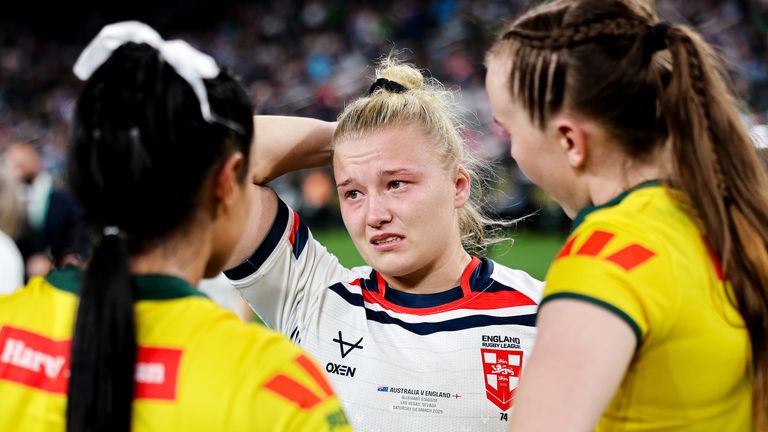 Picture by Alex Whitehead/SWpix.com - 01/03/2025 - Rugby League Las Vegas - International Women’s Test Match - Australia vs England - Allegiant Stadium, Las Vegas, USA - Georgia Roche of England is consoled by Tamika Upton and Yasmin Clydsdale of Australia