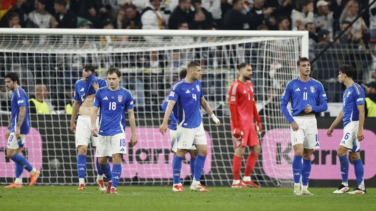 DORTMUND - (l-r) NicolÃ² Barella of Italy, Alessandro Buongiorno of Italy, Italy goalkeeper Gianluigi Donnarumma, Daniel Maldini of Italy, Samuele Ricci of Italy bale after the 2-0 during the UEFA Nations League quarterfinal match between Germany and Italy at the BVB Stadion Dortmund on March 23, 2025 in Dortmund, Germany. ANP | Hollandse Hoogte | MAURICE VAN STEEN (Photo by ANP via Getty Images)