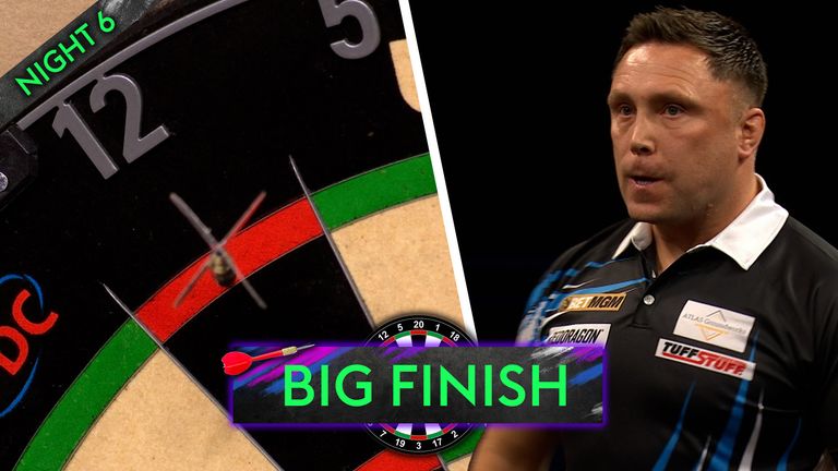 Gerwyn Price checks out with a massive 141 against Stephen Bunting to lead his match 3-2 on Night Six in Nottingham.