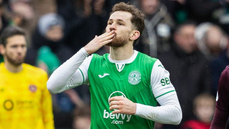 EDINBURGH, SCOTLAND - MARCH 02: Hibernian's Jack Iredale celebrates scoring to make it 2-1 during a William Hill Premiership match between Hibernian and Heart of Midlothian at Easter Road, on March 02, 2025, in Edinburgh, Scotland.  (Photo by Mark Scates / SNS Group)